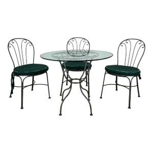 Vintage Wrought Iron Bistro Set With Glass Top Table and 3 Chairs
