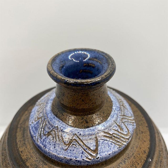 Mid Century Ceramic Vessel Vase or Carafe in Blue and Brown - Signed For Sale In Oklahoma City - Image 6 of 9