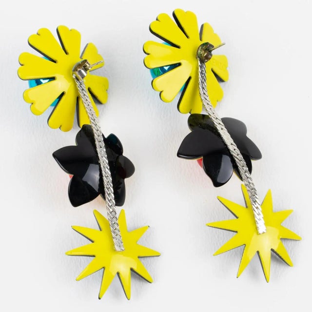 2000 - 2009 Kenzo Black, Blue and Yellow Acrylic Floral Dangle Earrings For Sale - Image 5 of 7