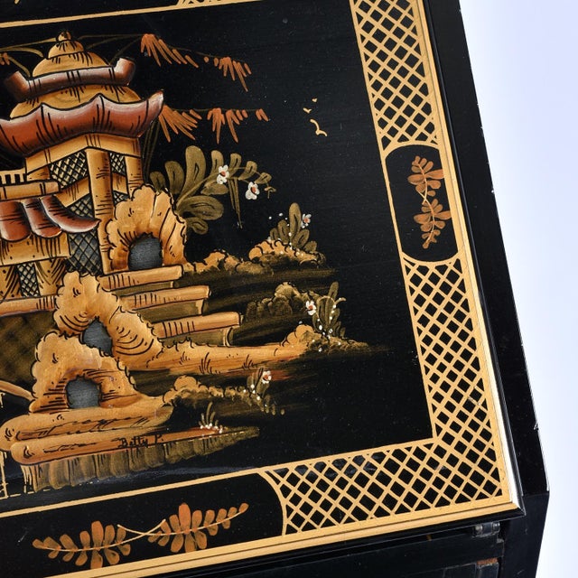 Wood Black Lacquer Hand Painted Asian Chinoiserie Black Lacquer Secretary Writing Desk For Sale - Image 7 of 14