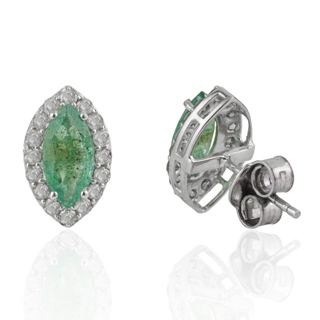 Art Deco Vintage Inspired 1.8 Ct Natural Marquise Emerald & Diamond Stud Earrings 2 Pieces For Sale - Image 3 of 12