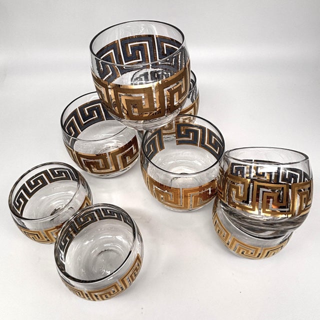 Gold Vintage 22k Gold Greek Key Double Old Fashioned & Rocks Glasses Set of 8 For Sale - Image 8 of 12