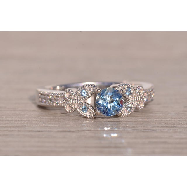 Silver The Sarlat: Aquamarine Engagement Ring with Natural Diamonds in Platinum For Sale - Image 8 of 11