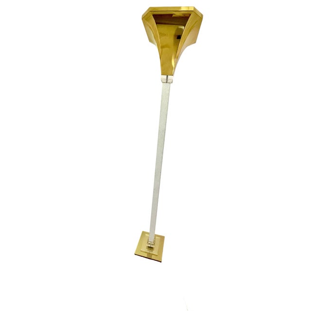 This is a vintage Relux torchiere floor lamp. Top and bottom are brass sheen. The pole is grey and white mottled. Lucite...