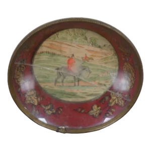 Antique Equestrian Horse Fox Hunt Metal Tole Painted Dish Bowl Compote