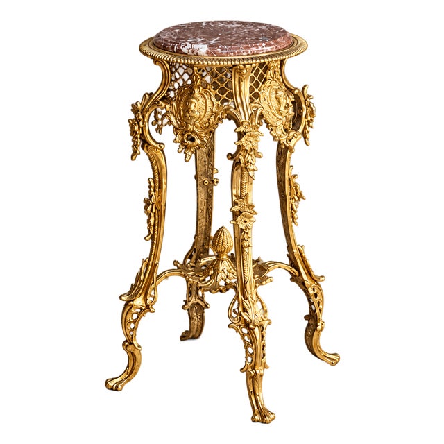 French Rococo-Style Marble Side Table – Slim Gilded Frame With Ornate Gold Leaf Details For Sale