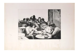 Personnes Attablées au Café - Etching and Drypoint by E. Bouchaud Mid 20th Century