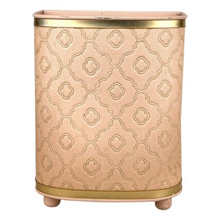 Mid-Century Pink Vinyl & Aluminum Trash Can Wastebasket For Sale