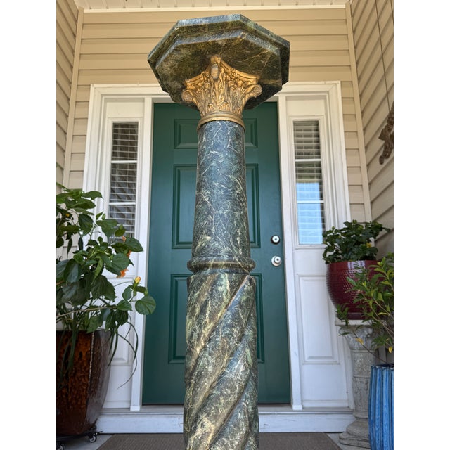 Stone Fine Antique 1800s Verde Antico Marble Column Pedestal Ft. Gilded Corinthian Capital For Sale - Image 7 of 15