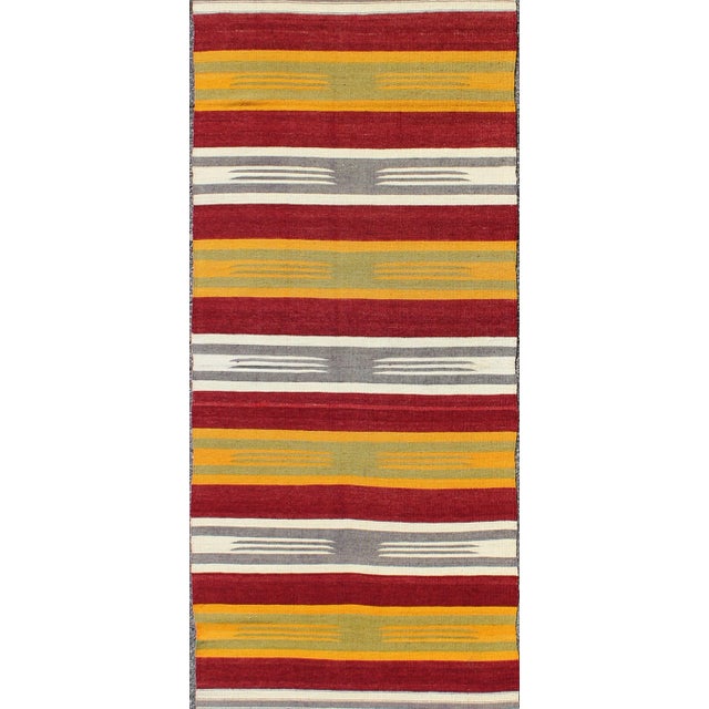 Mid 20th Century Mid 20th Century Mid 20th Century Vintage Turkish Kilim Runner With Stripes in Red Green Yellow Ivory and Gray For Sale - Image 5 of 8