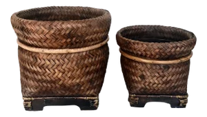 Footed Asian Style Wicker Storage Baskets - A Pair
