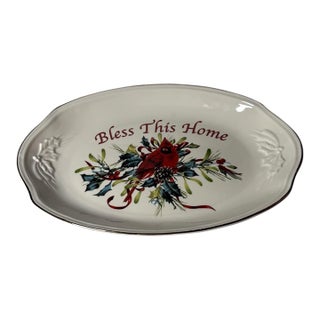 Lenox Winter Greetings Tray "Bless This Home" - Red Ribbons, Cardinal on Holly & Pine, Gold Trim For Sale
