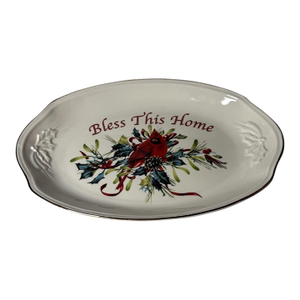 Lenox Winter Greetings Tray "Bless This Home" - Red Ribbons, Cardinal on Holly & Pine, Gold Trim