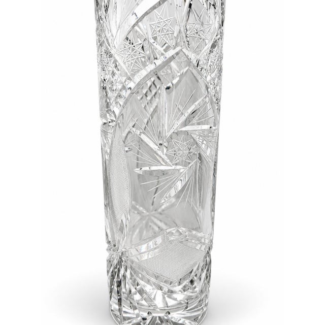 Hollywood Regency Tall Geometric Cut Crystal Vase With Starburst Motif, 14" For Sale - Image 3 of 5