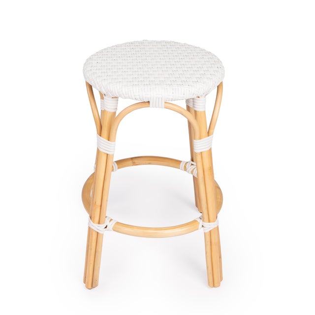 Spritely Home Accent Furniture Tobias 24 in. Seat Height Round Rattan Backless Counter Stool, Glossy White/ Natural Rattan Frame For Sale - Image 4 of 8
