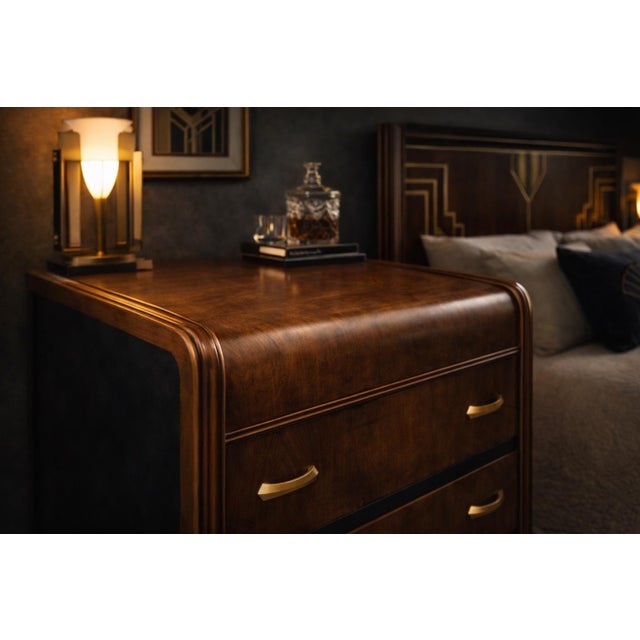 Early 20th Century Art Deco Waterfall Designer Accent Chest in Satin Walnut With Two-Tone Black Panels and Original Deco Brass Pulls For Sale - Image 9 of 11