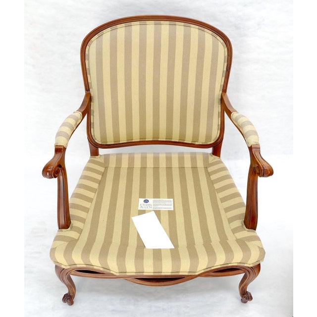 Hickory Chair Furniture Company Carved Cherry Frame Stripe Upholstery Lounge Chair w/ Matching Ottoman MINT For Sale - Image 4 of 12