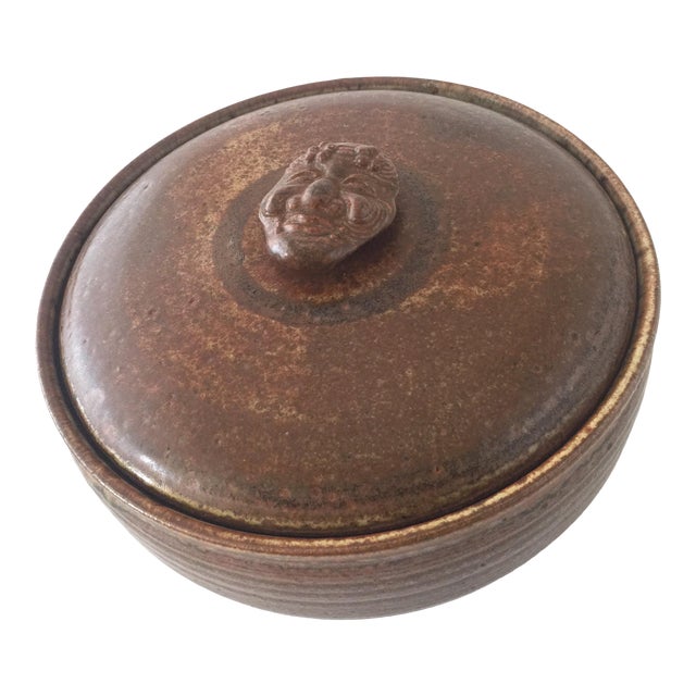 Vintage Studio Pottery Dutch Oven Soup Tureen with Face Handle For Sale