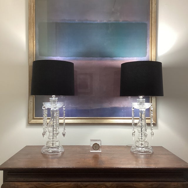 Transparent Vintage Pair of Large Crystal Lamps With Silk Drum Shades - Newly Rewired For Sale - Image 8 of 8