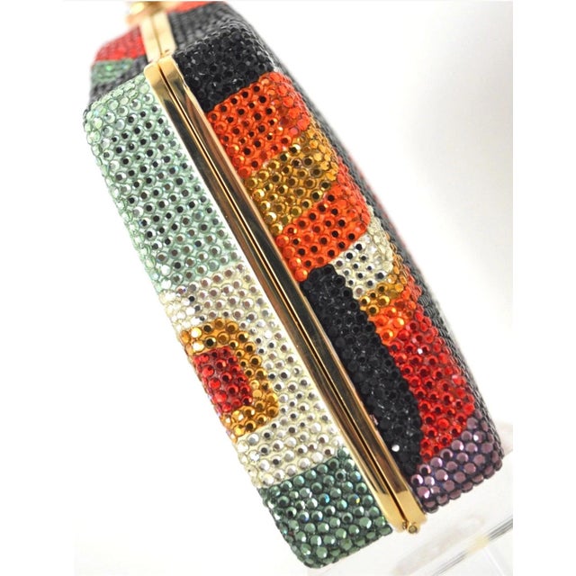 Judith Leiber 1990 Judith Leiber Evening Bag Vintage Pop Art Deco Red Black Green Gold Crystal Minaudière Clutch Shoulder Vintage For Sale - Image 4 of 11
