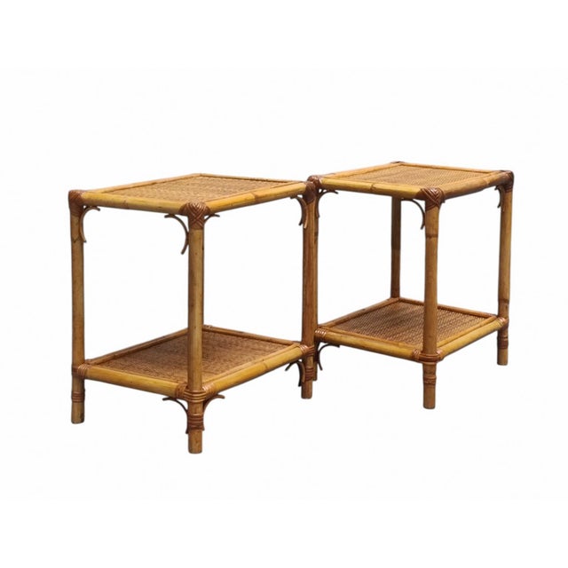 Mid-Century Modern Bamboo and Woven Rattan Side Tables, Italy, 1960s, Set of 2 For Sale - Image 3 of 8