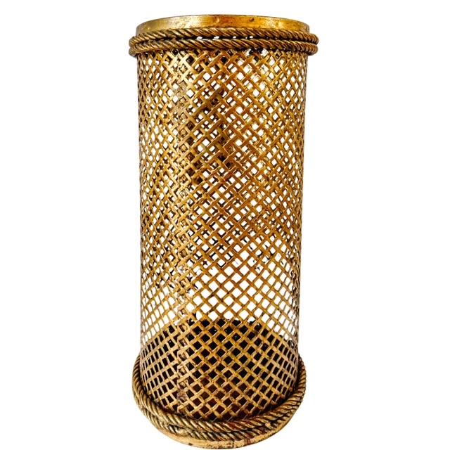 1950s 1950 Mid-Century Italian Gilt Metal Lattice & Rope Tassel Umbrella Stand, Attr. To Li Puma Firenze For Sale - Image 5 of 9
