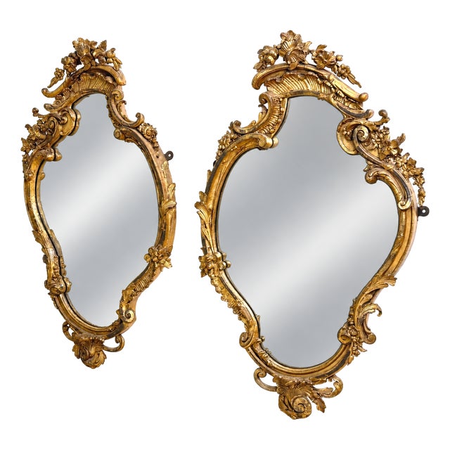 Mid-19th Century Gilt & Gesso Cartouche Form Wall Mirrors, 1850, Set of 2 For Sale