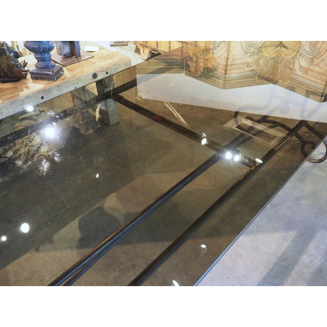 A French 1970s Wrought Iron and Brass Dining Table With Smoked Glass Top For Sale - Image 12 of 18