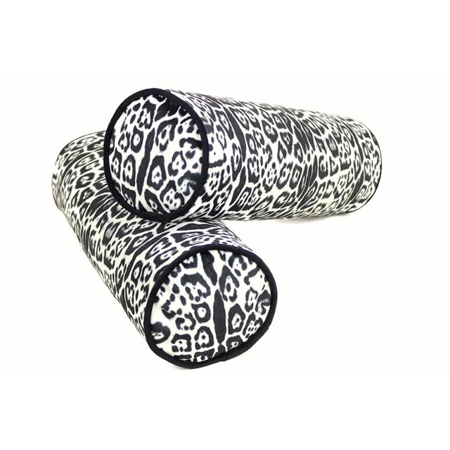 Leopard Velvet Bolster Pillow With Black Piping- a Pair For Sale - Image 11 of 13