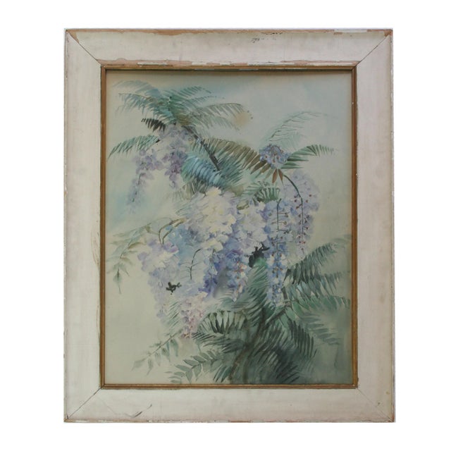 French Provincial Large Original Vintage Watercolor Painting of Wisteria For Sale - Image 3 of 3