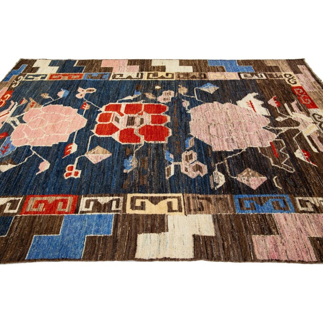 Room Size Modern Wool Rug Moroccan Style in Blue With Multicolor Pattern For Sale In New York - Image 6 of 9