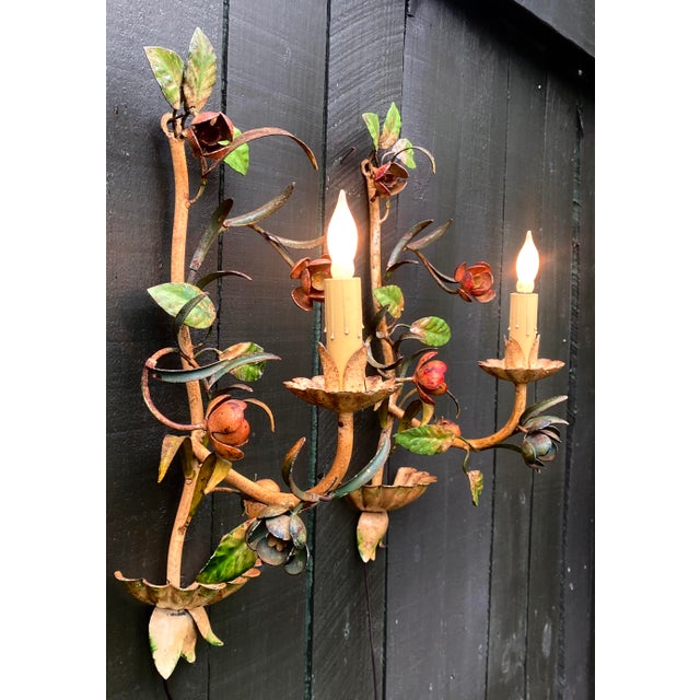1950s Vintage Italian Hand Painted Hand Crafted Tole Wall Sconces - a Pair For Sale - Image 5 of 18