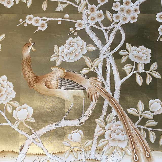 Metal Silver Leaf Chinoiserie Hand-Painted Pale Blue Peony & Bird Wall Panels (Set of 5) For Sale - Image 7 of 15
