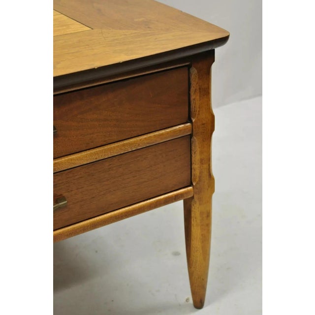 Lane Mid Century Modern Walnut 2 Drawer Lamp End Table With Burlwood Inlay Top For Sale - Image 9 of 12