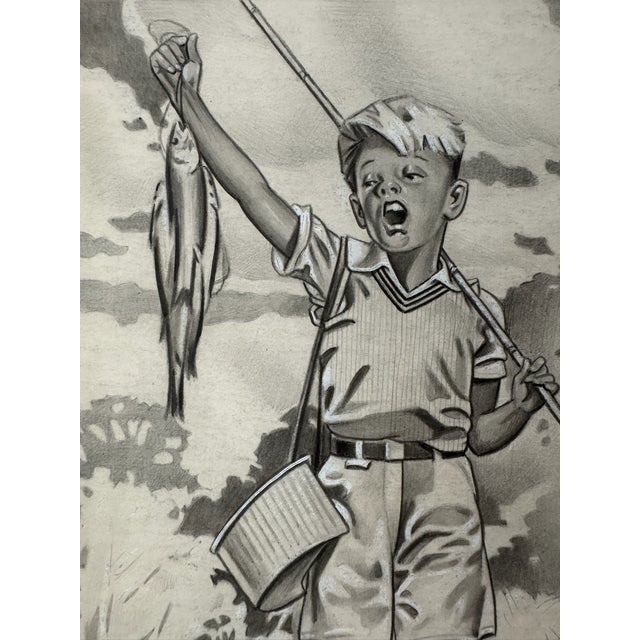 Original graphite pencil drawing by American artist and illustrator Theodore E. Schrock (1879–1952), depicting a young boy...