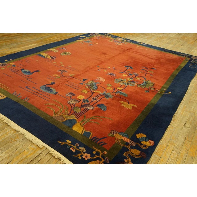 Art Deco 1920s Red Rustic Swan Floral Antique Chinese Art Deco Carpet 9' X 11'10" Knotted Wool Rug For Sale - Image 3 of 12