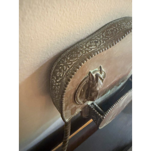 Mid-Century Modern 1970s Vintage Colonial Revival Brass Horse Head Double Arm Wall Sconces, Pair For Sale - Image 3 of 16
