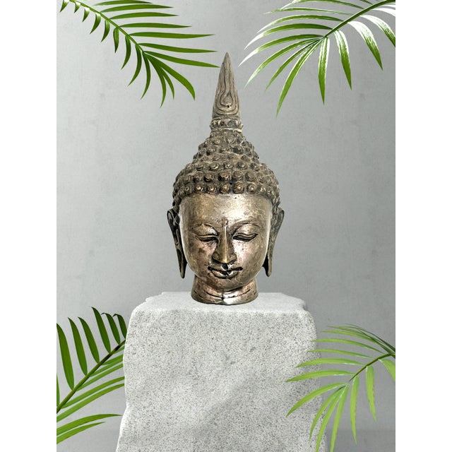South East Asian 'Silver'' Shan Buddha Head on Carved Wood Stand For Sale - Image 11 of 11