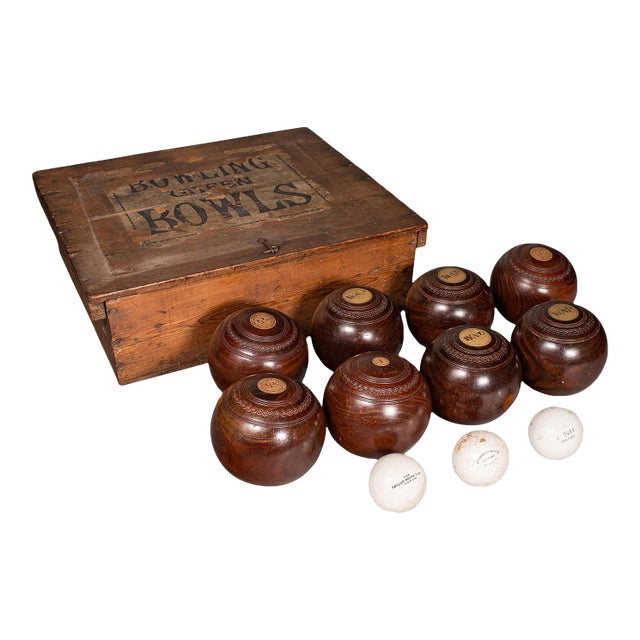 Antique Lawn Bowls Set, English, Woods, Ceramic Jacks, Garden Game, Edwardian For Sale