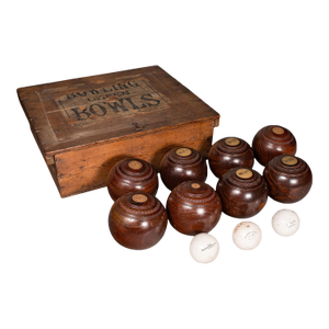 Antique Lawn Bowls Set, English, Woods, Ceramic Jacks, Garden Game, Edwardian