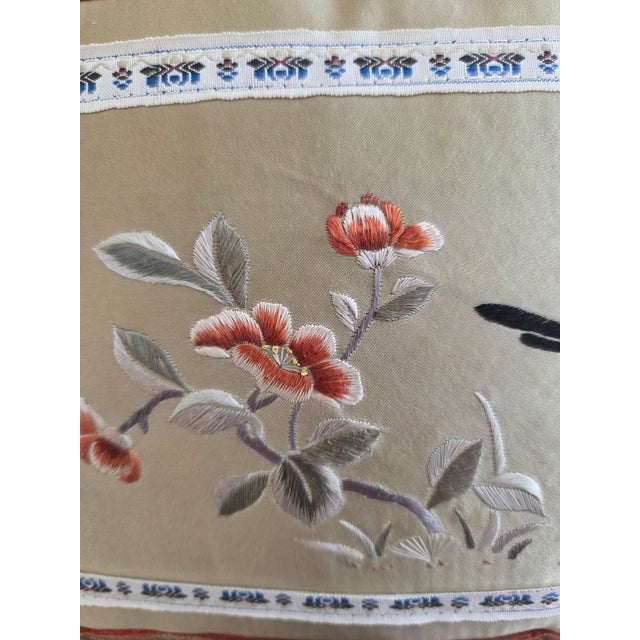 Embroidered Chinese Silk Pillow with traditional bird and flower. Lovely silk satin backing with Chinese label inside the...