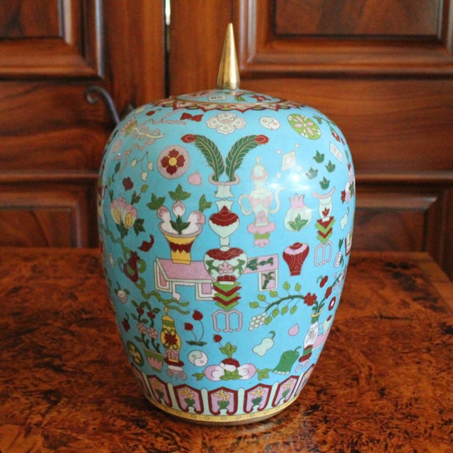Pair Chinese Export Turquoise Cloisonneé Lidded Jars For Sale - Image 6 of 14