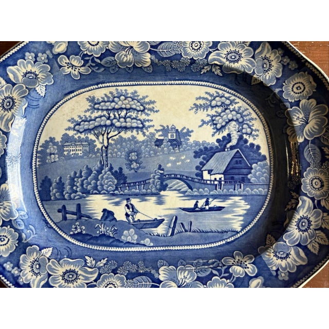 Blue Antique Dark Blue Transfer Decorated Staffordshire Platter, "Wild Rose" For Sale - Image 8 of 12