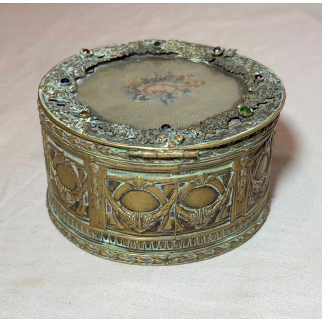 Antique Ornate 1800s Austrian Petit Point Jeweled Cylindrical Casket Jewelry Box For Sale - Image 4 of 11