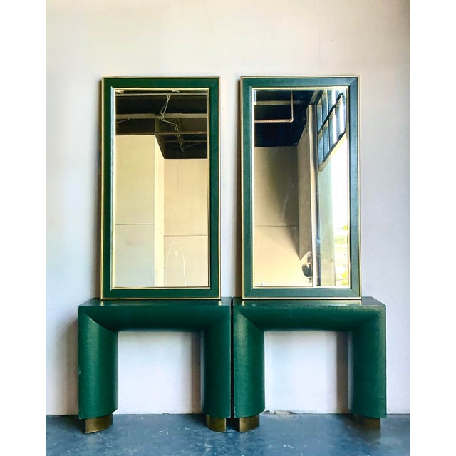 Dark Green Vintage Boho Grasscloth Console and Mirror Sets - A Pair For Sale - Image 8 of 8