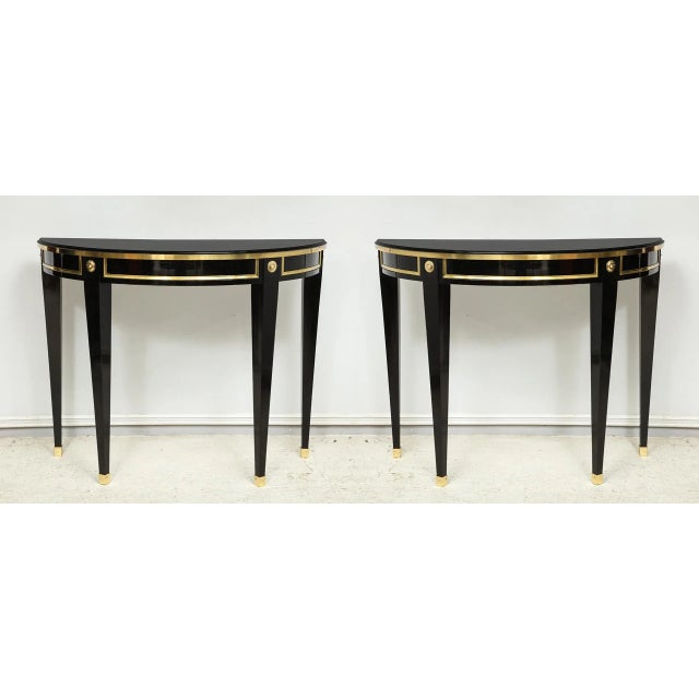 Bespoke Pair of Brass-Banded Demilune Consoles in the Neoclassic Manner For Sale - Image 12 of 12