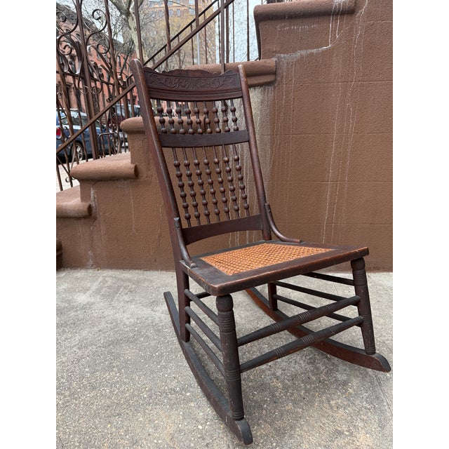 Early 20th/Late 19th Century Victorian Rocking Chair With Spindle Back and Cane Seat For Sale In New York - Image 6 of 12