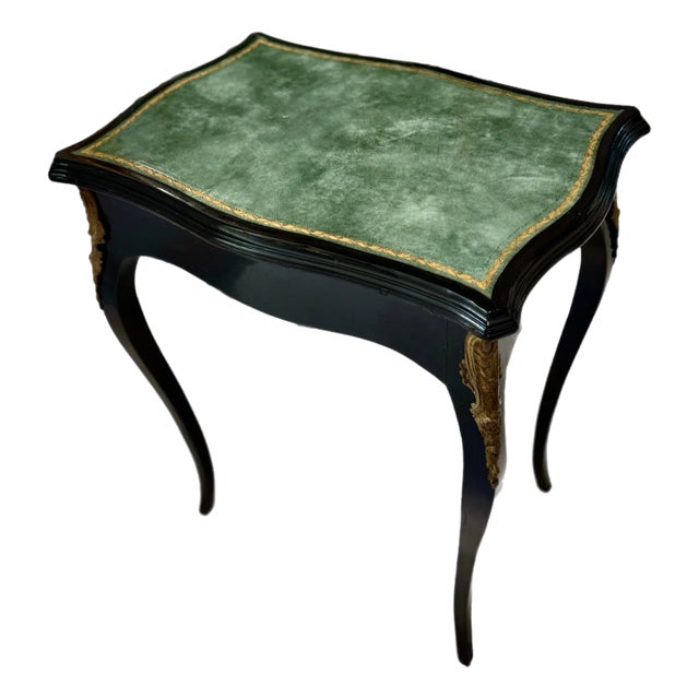19th C. French Regency Black Lacquered Accent Table With Tooled Leather Top For Sale