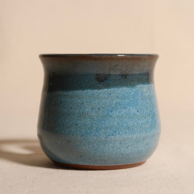 Handmade in Pennsylvania MudWorks Pottery Blue Stoneware Candle Holder With Sad Face For Sale - Image 9 of 11