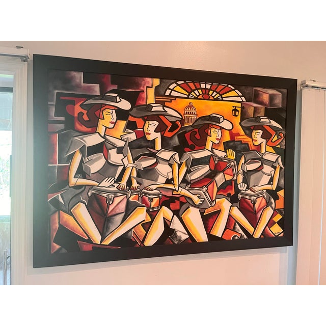 A striking large-scale contemporary painting depicting four stylized female musicians in a vibrant Cuban street scene....